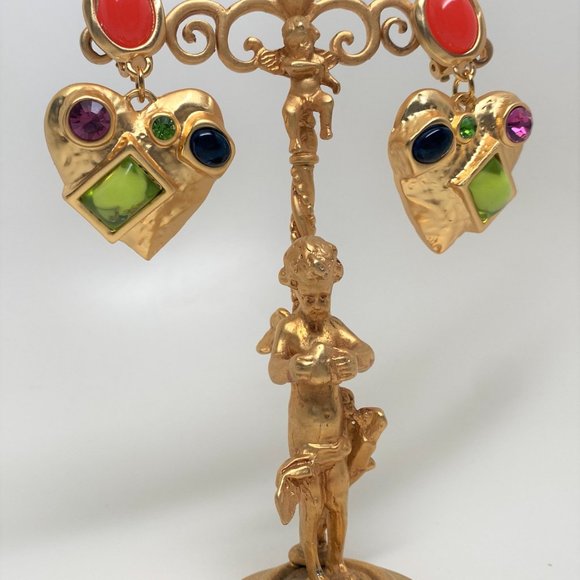 Gorgeous Gold Plated Assorted Cabochons Heart Dangle Clip on Earrings - Picture 4 of 6